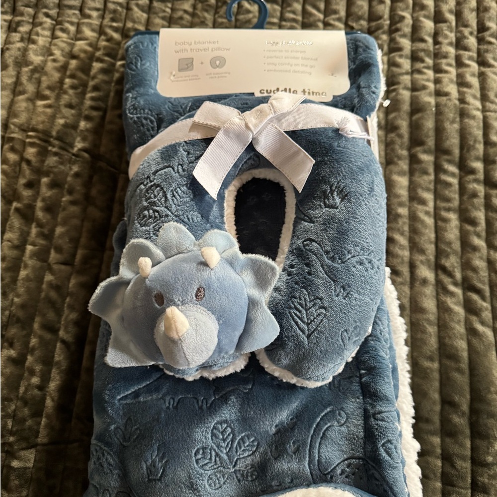 Blue Dinosaur Baby Blanket with Pillow